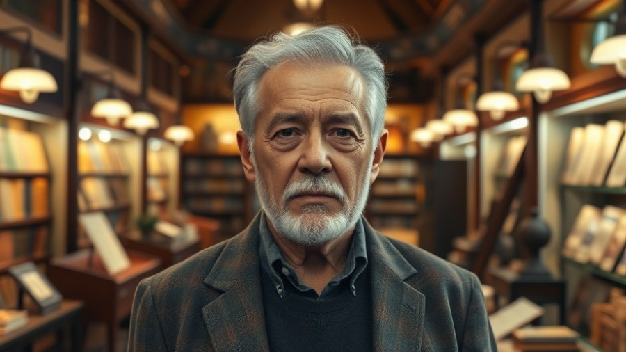 Distinguished man in Moon's Rare Books, standing by a display case.