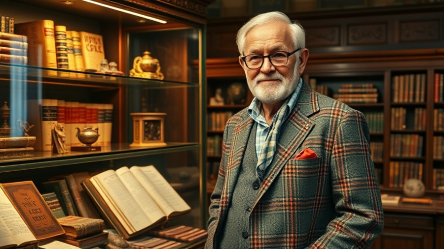 Man standing in Moon's Rare Books beside a display case.