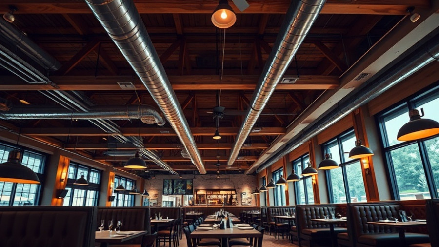 Modern industrial restaurant interior, Salt Lake City, empty booths.