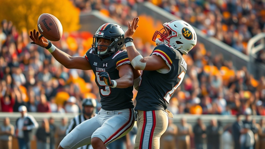 Players leaping in a college football game for AP Top 25 rankings.