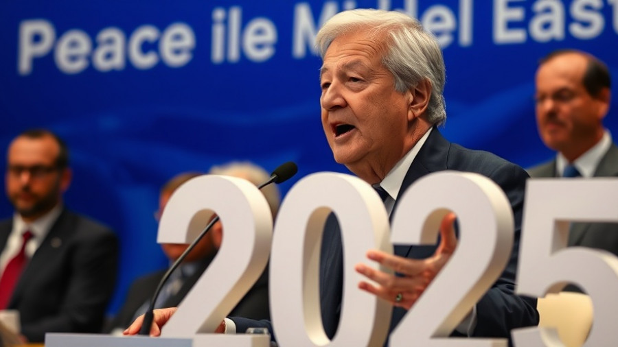 International conference on peace, prominent figure speaking, 2025 backdrop.