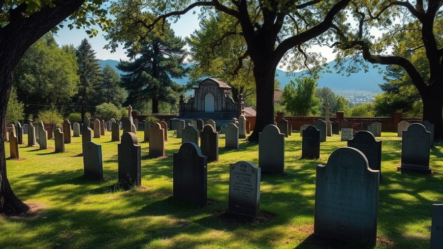Historic Glenwood Cemetery with lush greenery and mountains.
