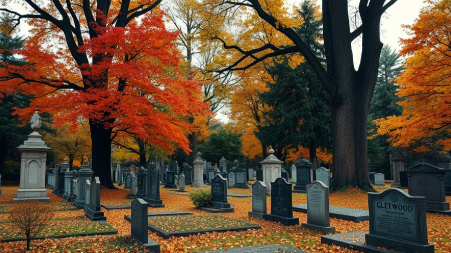 Scenic view of Glenwood Cemetery in autumn with historic tombstones.
