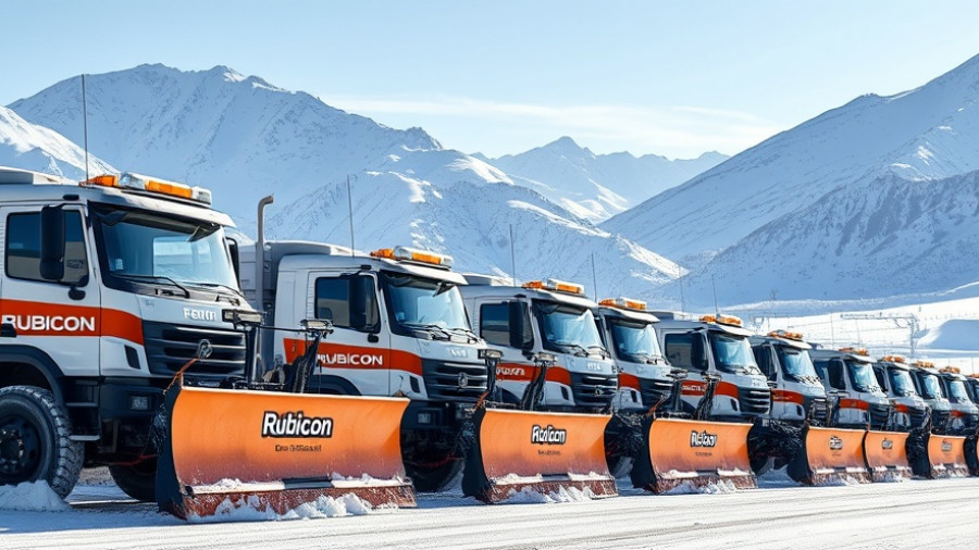 Rubicon snow plow trucks lined up in winter, Rubicon lawsuit context.
