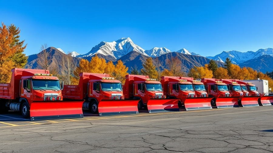 Rubicon snow plow trucks parked with mountains in background.