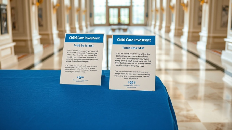 Informational signs advocating child care investment in a hall.