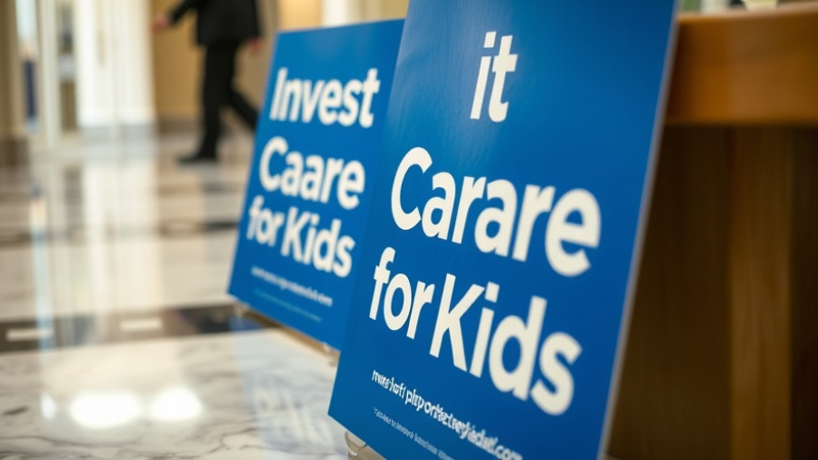 Advocacy signs for child care funding on marble floor.