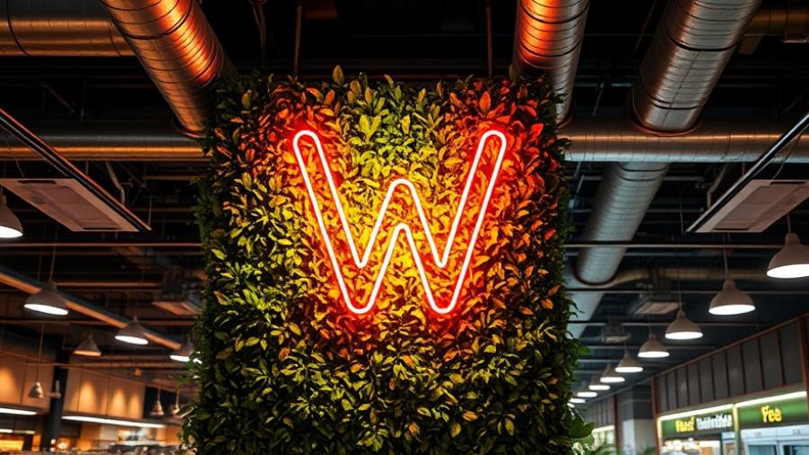 Neon W sign at Woodbine Food Hall, showcasing elegant decor.
