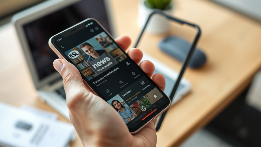 Hand holding smartphone with KSL NewsRadio app in office. Local heroes Salt Lake City.
