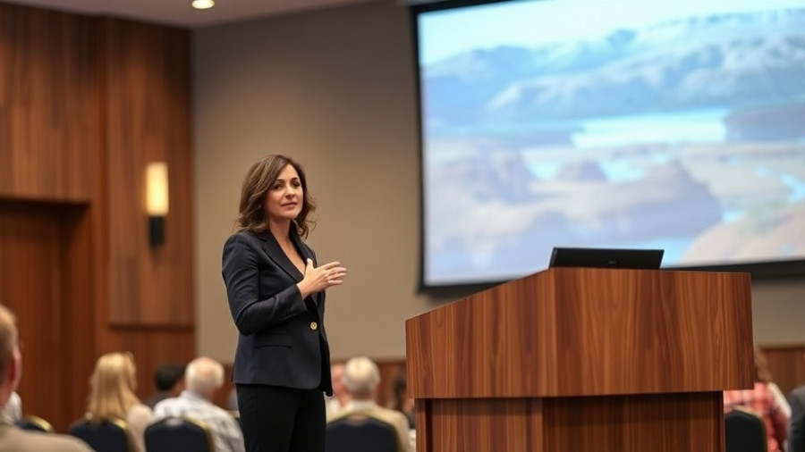 Speaker discussing Utah Lake restoration at a conference.
