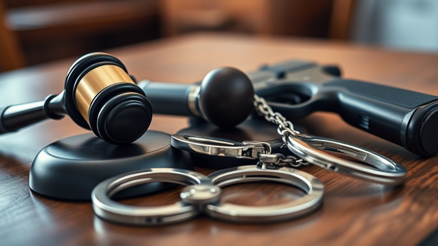 Legal scene with gavel, gun, and handcuffs, representing charges dismissed in man shooting argument.