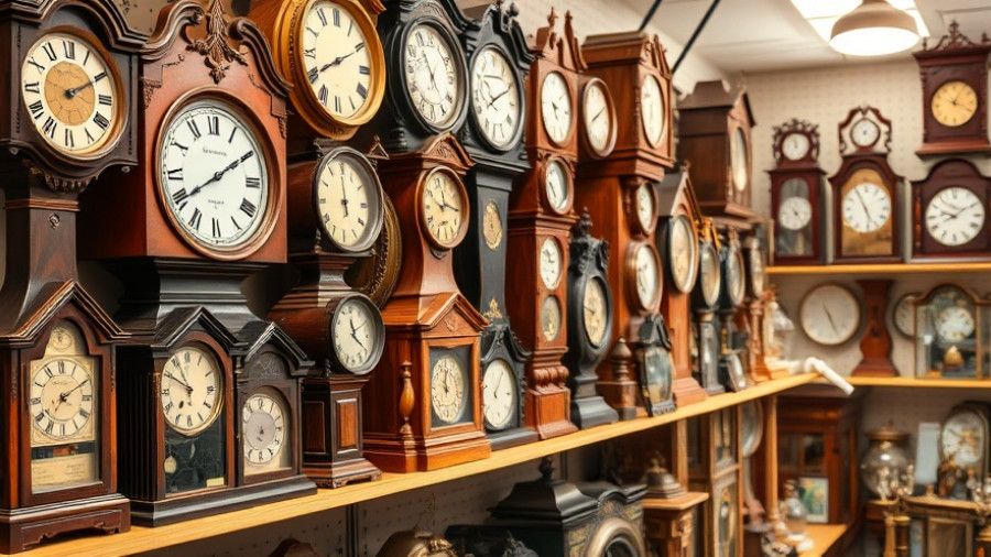 Antique clocks at Millcreek Clock Shop for Daylight Saving Time.