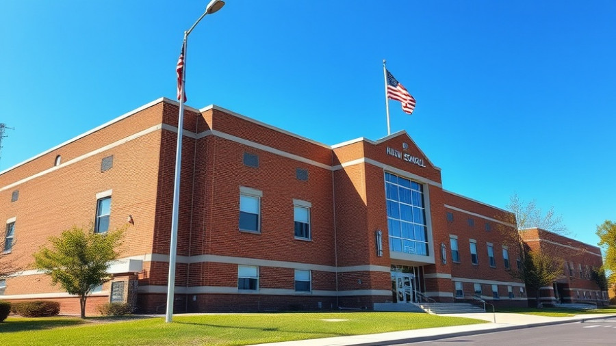 High school exterior with American flag, clear sky.