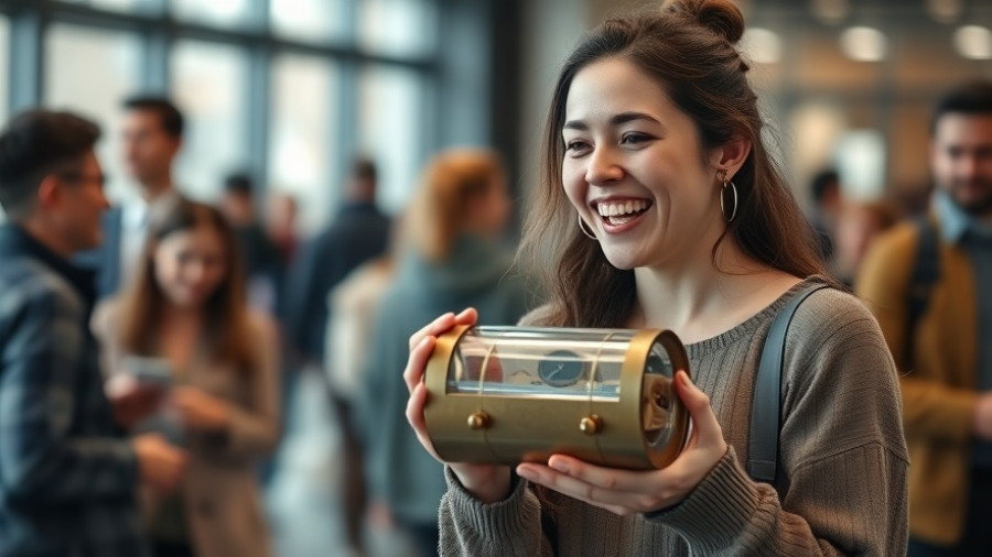 Woman at Utah church event holding a time capsule.