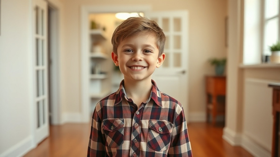 5-year-old boy recovering from dog attack, smiling confidently indoors.