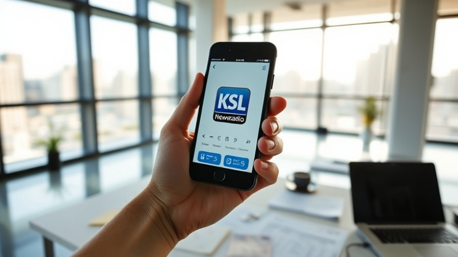 Person uses KSL Newsradio app in modern workspace, Salt Lake City Community Resilience.