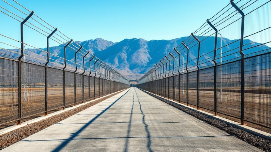 Desolate prison walkway with fences and mountain backdrop.