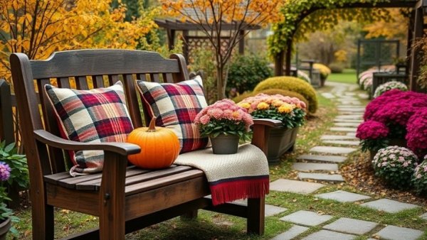 Cozy autumn garden bench with pumpkin and flowers, November gardening checklist.