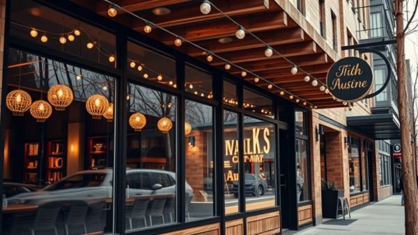 Modern Utah restaurant facade with seating, lights, and glass windows.
