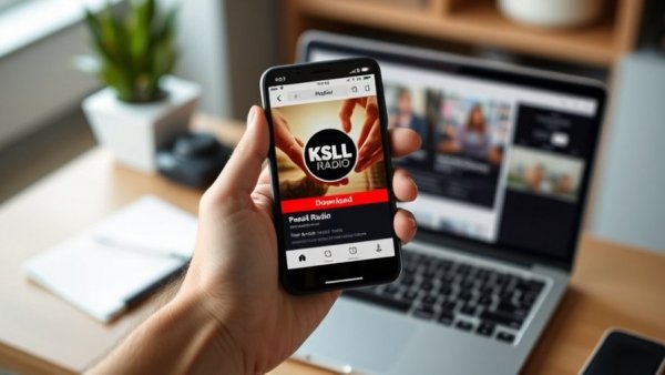 Person holding phone with KSL app at a modern workspace.