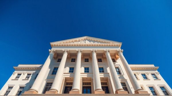 Imposing courthouse building with white columns against blue sky.