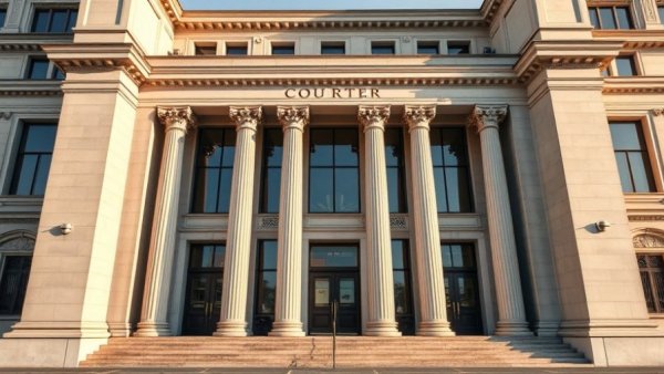 Elegant courthouse facade with tall pillars, photorealistic.