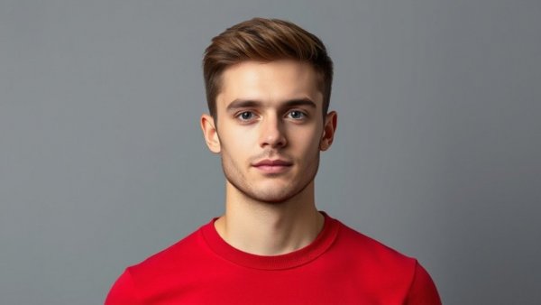 Young man in red shirt posing, portrait against gray background.