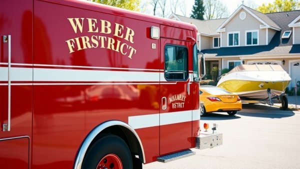 Weber Fire District truck in a residential area amid daylight.