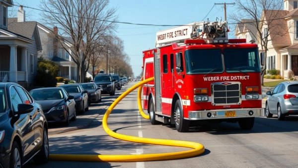 Weber Fire District truck with hose in suburban area.