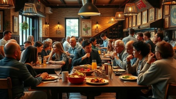 Vibrant Sugar House dining scene with diverse group.