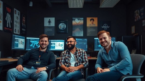 Casual group of three men in a tech office smiling, fostering community.