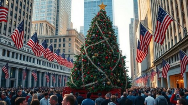 Rockefeller Center Christmas tree arrives amid crowd and flags.