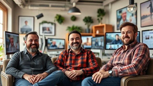Three men rediscovering childhood joys in a cozy office setup.