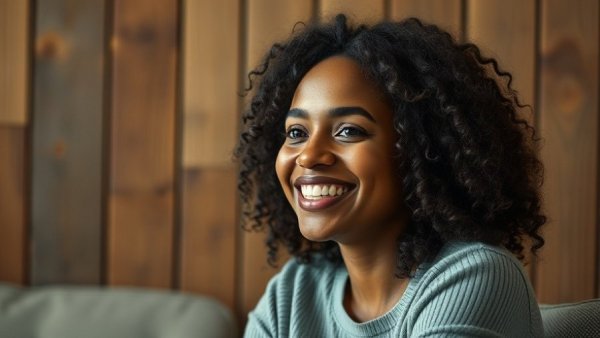 Smiling woman indoors, soft lighting, Utah Farm Animal Rescue