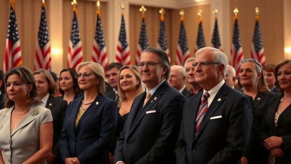 Group in formal attire at ceremony with American flags.