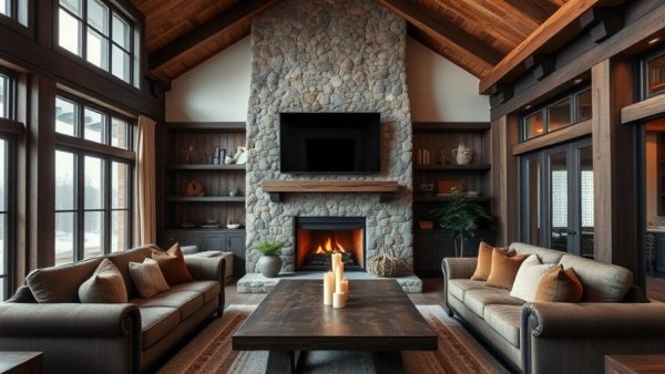 Alpine modern living room with a stone fireplace and rustic decor.