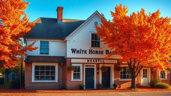 White Horse bar facade under vibrant autumn leaves after reopening.