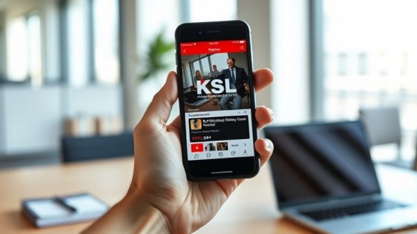 KSL NewsRadio app on smartphone in office setting for grassroots initiatives in Salt Lake City.