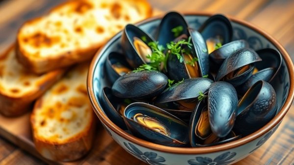 Blue mussels at The Pearl elegantly presented in a bowl.