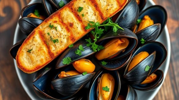 Blue mussels at The Pearl served with grilled bread and herbs.