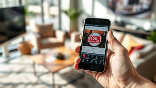 KSL NewsRadio app on phone in modern office, Salt Lake City community stories.