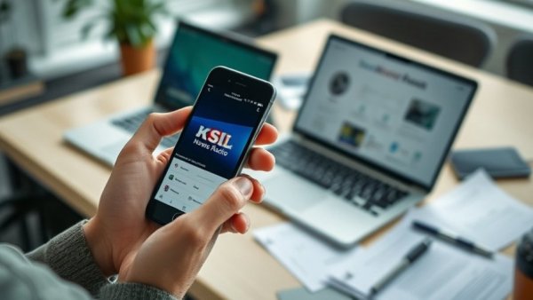 Person holding smartphone with KSL app in modern office setting.