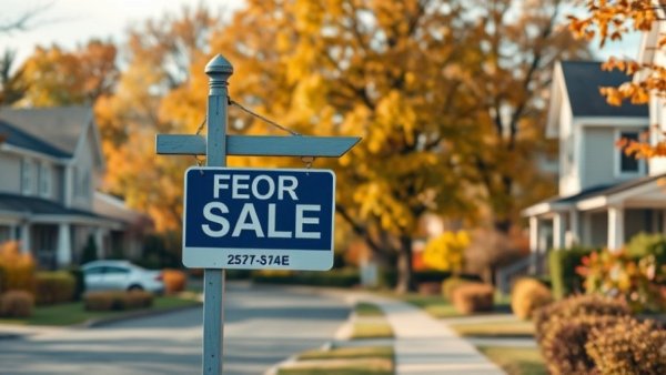 Real estate signpost in suburban area during autumn, showcasing median age of first-time homebuyers.