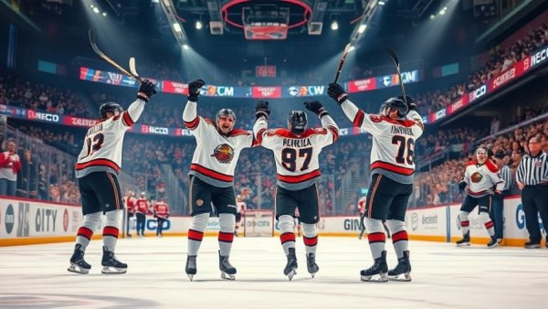 Hockey players celebrate on ice, conveying team spirit in vibrant game.