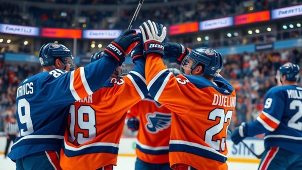 Islanders OT Victory celebrated by ice hockey players on ice.