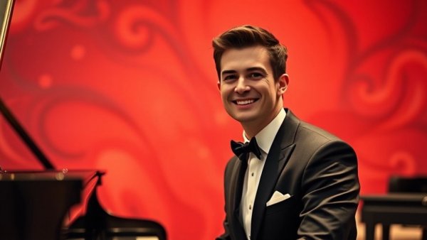 Utah Symphony Soloist at grand piano with red backdrop, smiling elegantly.