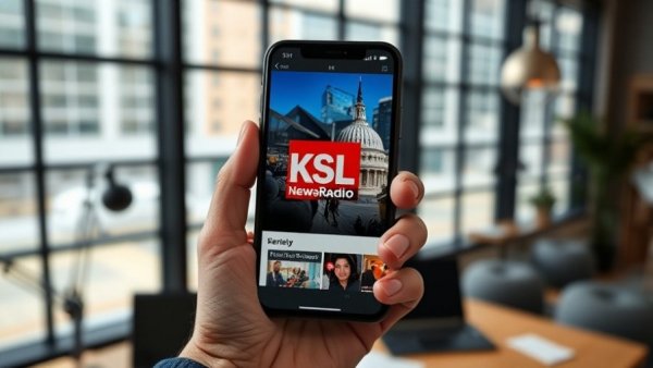 KSL NewsRadio app shown on smartphone in bright office setting, Cougar Sports Saturday.