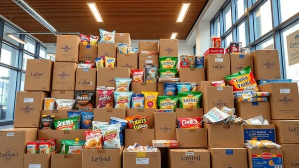 Collection of boxed food items for local school food pantries, indoor setting.
