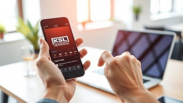 Close-up of hand holding smartphone displaying KSL NewsRadio app in modern workspace.