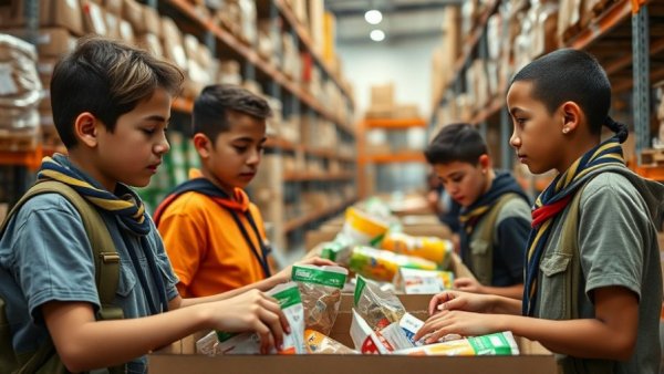 Young scouts sorting food donations in a warehouse during the holidays.